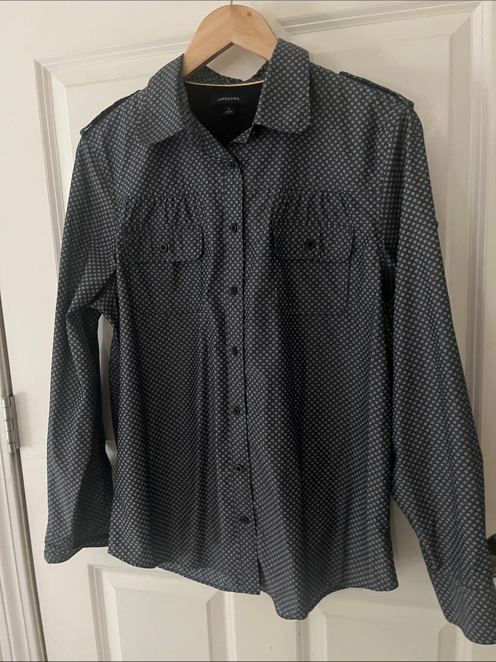 Boy's Land's End Kids utility geo print Button Down roll up sleeve sz 14-16